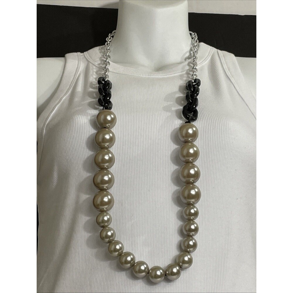 CHUNKY FAUX PEARL Silver Gray Bead Black Chain Link And Silver Chain NEW